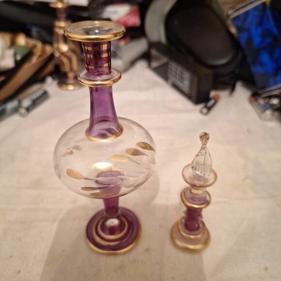 Vintage Perfume Bottles Egyptian Style Art Glass Cranberry Clear Gold Iridescent - Picture 1 of 6